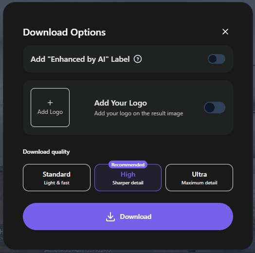 Fenêtre Download Options avec les niveaux de qualité