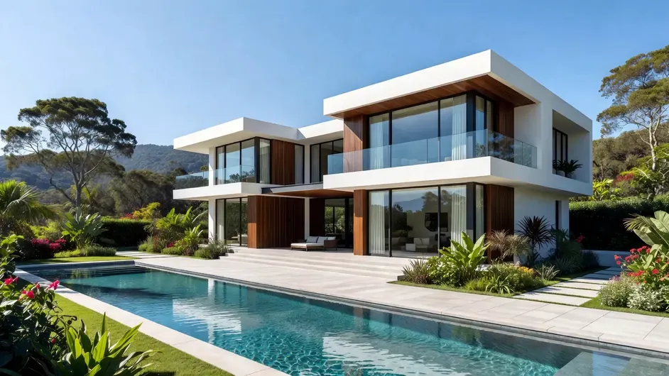 A daytime real estate exterior transformed into a warm dusk listing photo with AI lighting, cleaner sky, and natural window glow.