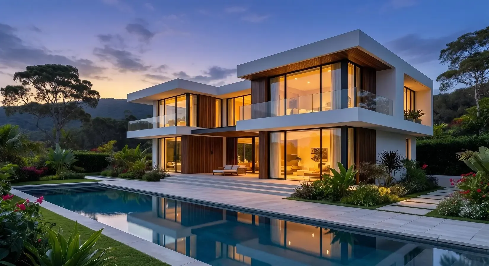 Un daytime immobilier exterior transformed dans un warm dusk photo d’annonce avec AI éclairage, cleaner ciel, et natural window glow.
