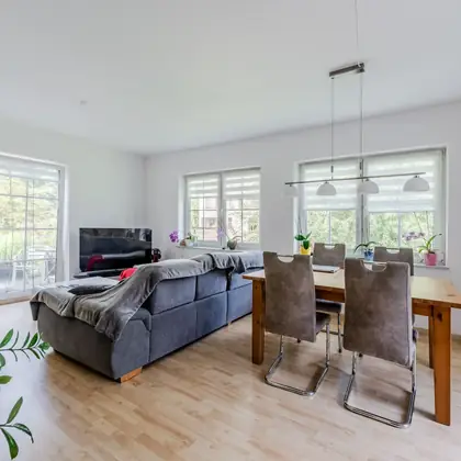 Living and dining staged as two zones.