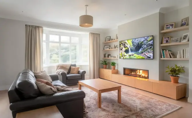 After: edited living room photo, decluttered and brightened with the fireplace and TV on