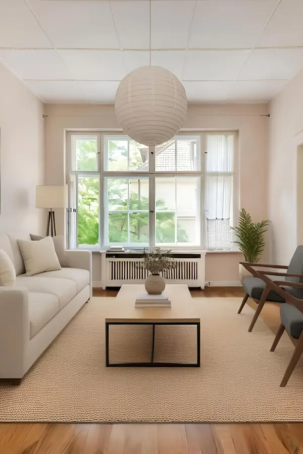 Staged sitting room with french doors, as a pin
