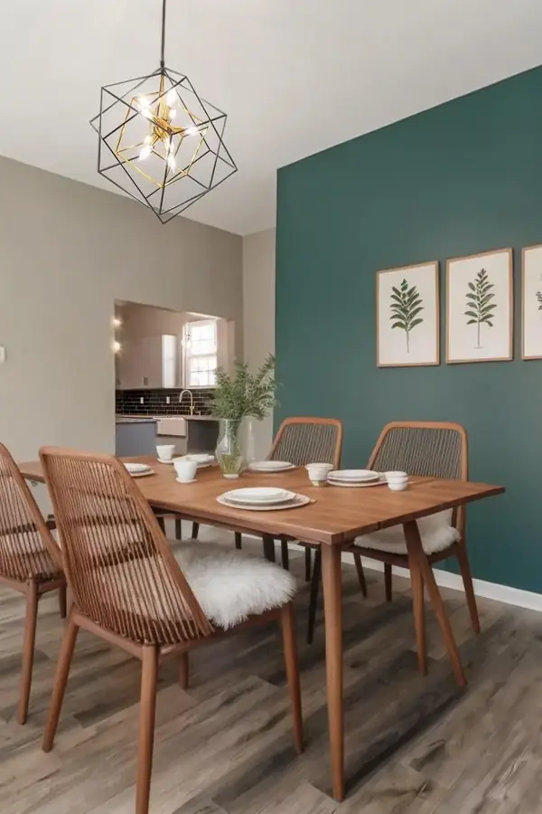 Staged dining room with a dark green wall, as a pin