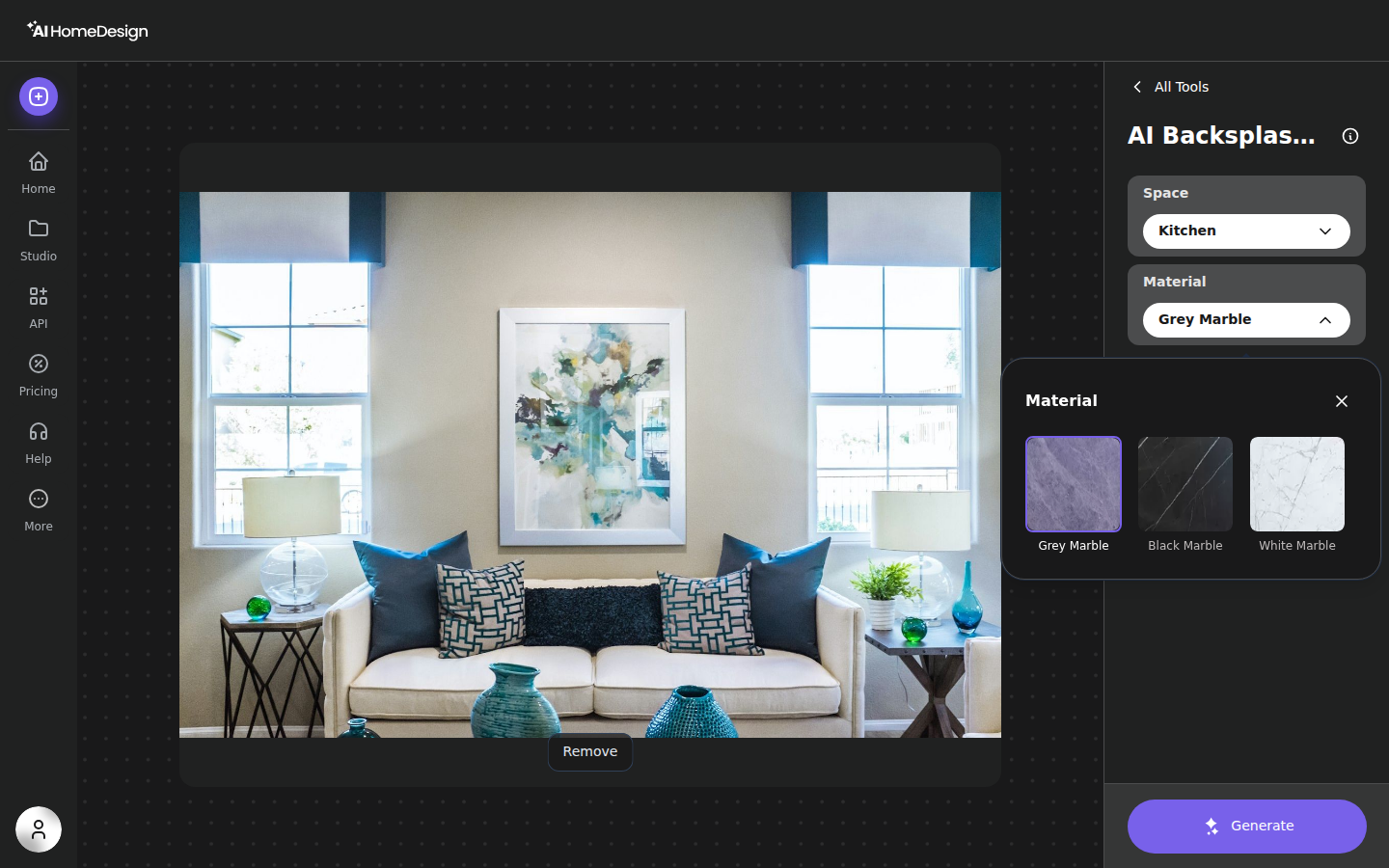Panneau d’options AI Backsplash Change dans le tableau de bord