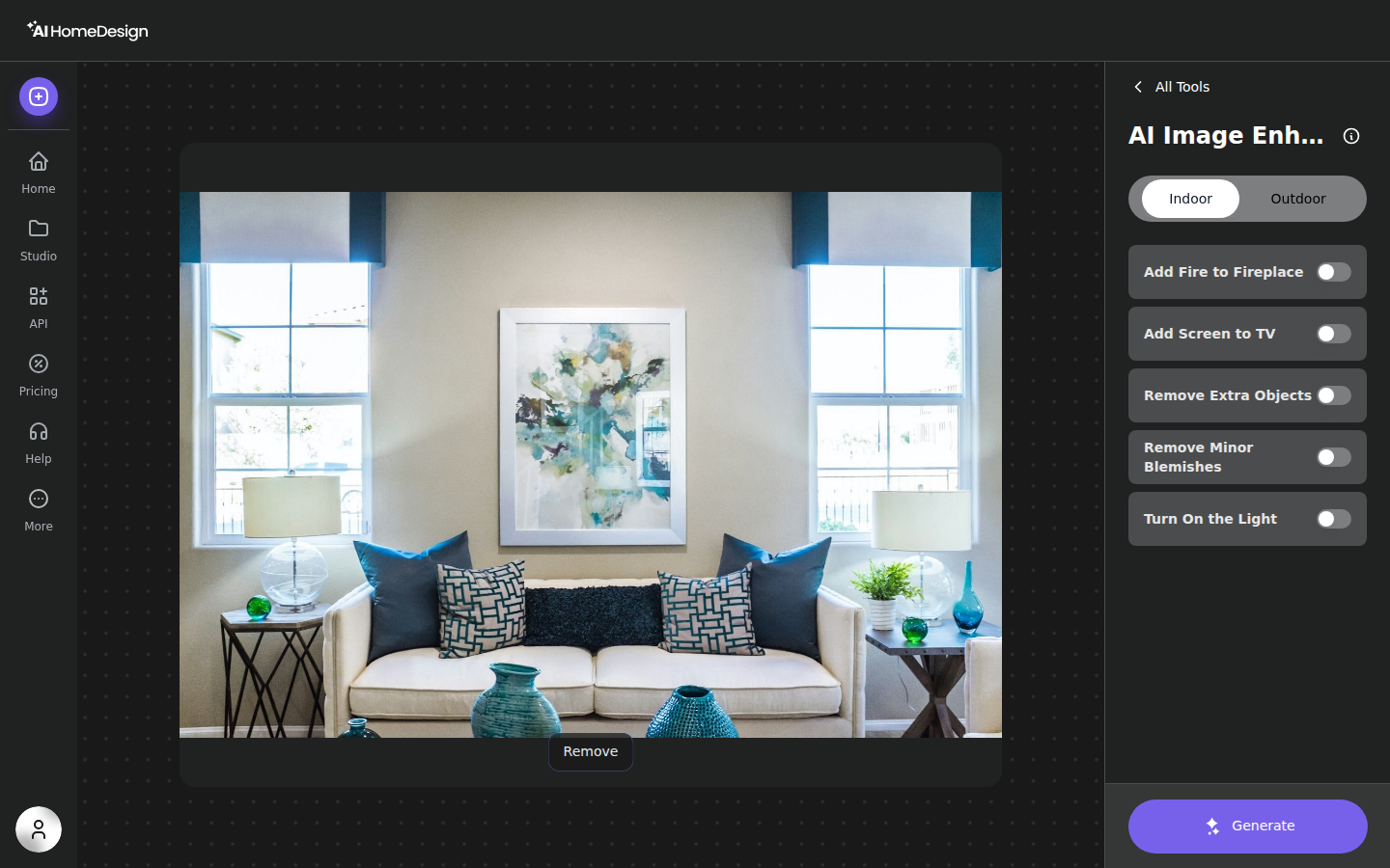 Panneau d’options AI Image Enhancement dans le tableau de bord