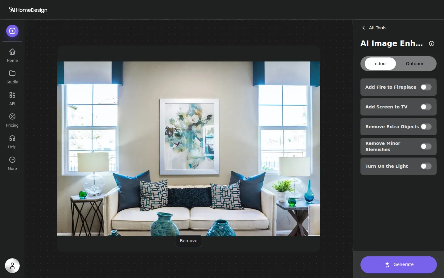 Panneau d’options AI Image Enhancement dans le tableau de bord