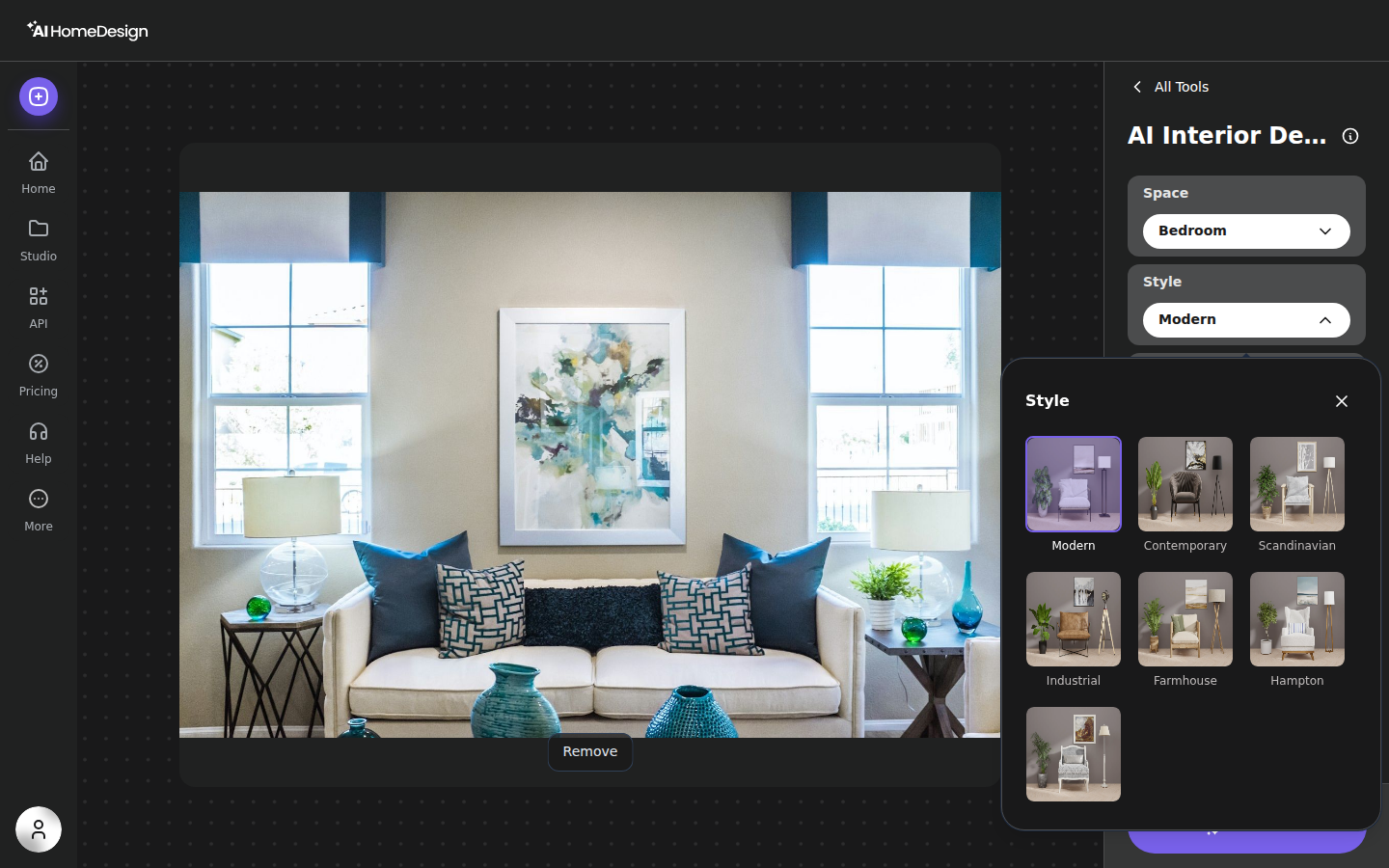 Panneau d’options AI Interior Designer dans le tableau de bord