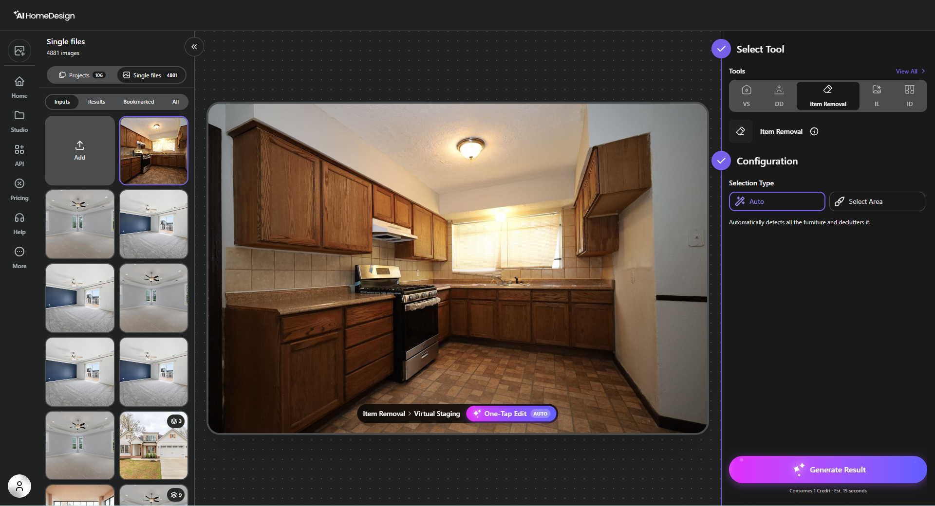 Panneau d’options AI Item Removal dans le tableau de bord