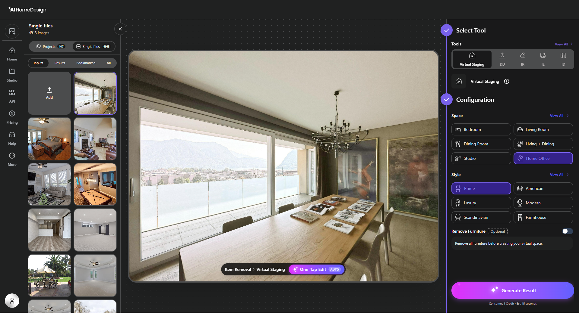 Panneau d’options AI Virtual Staging dans le tableau de bord