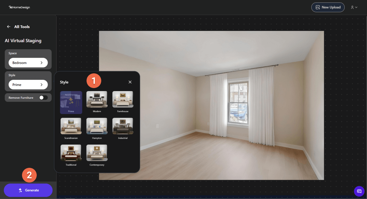 Choose a style and click on Generate ai virtual staging