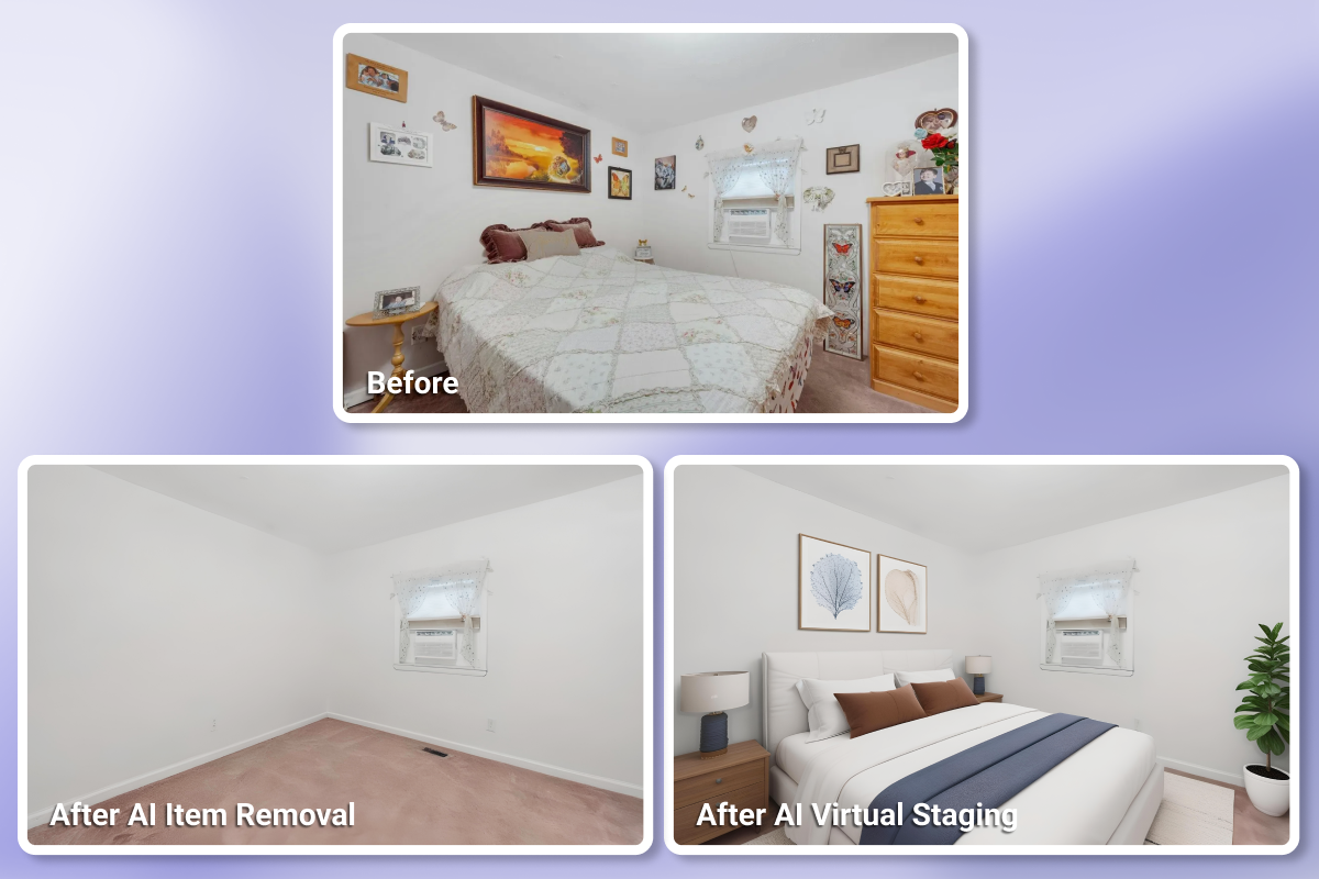 efore and after AI item removal and virtual staging on a bedroom real estate photo