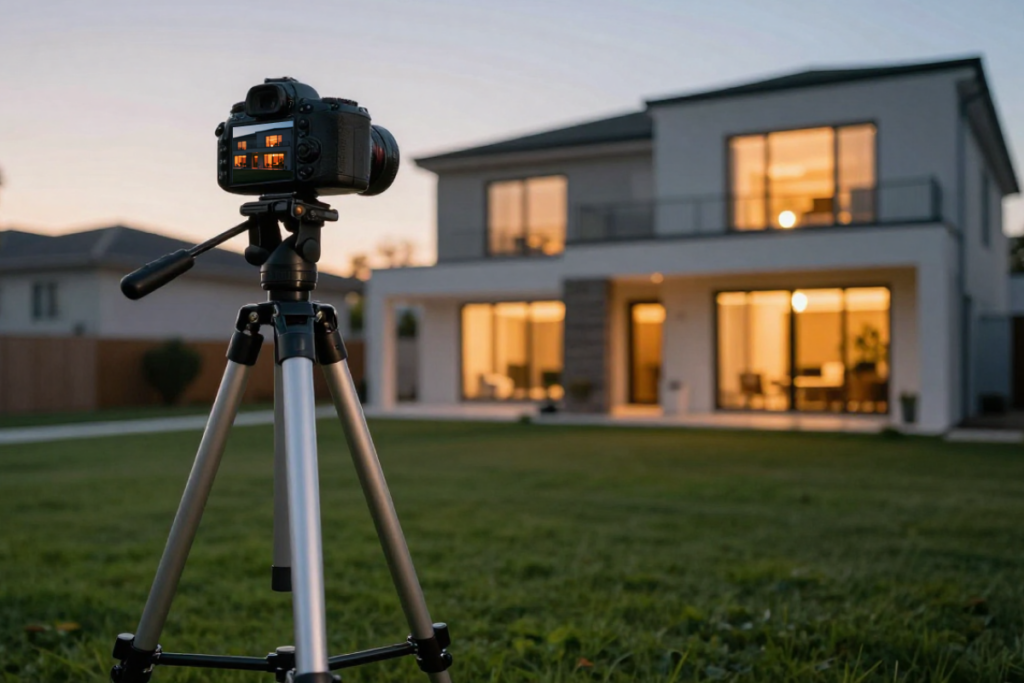 Camera mounted on a tripod capturing exterior real estate photos of a modern house at dusk.