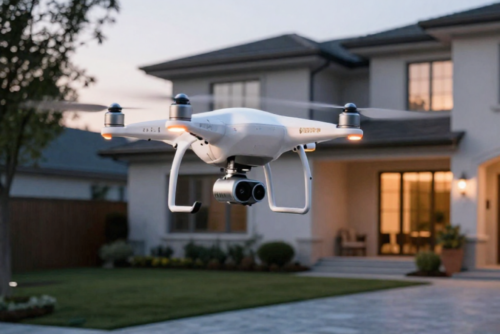 Drone flying in front of a residential home to capture aerial real estate photography.