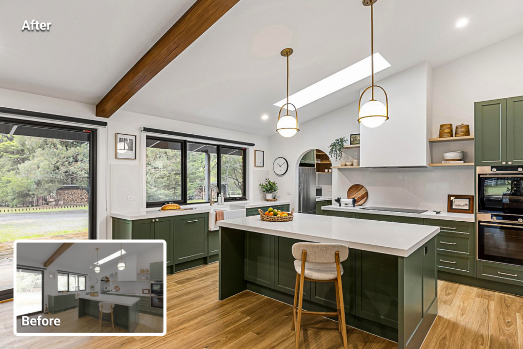Kitchen interior photo improved with HDR exposure bracketing to balance window light and interior brightness for real estate listing photography.