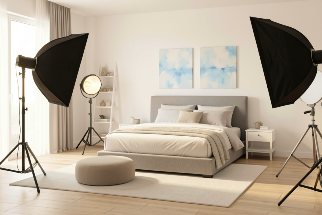 Real estate bedroom interior photographed with softbox lighting setup to create balanced, natural lighting for listing photos.