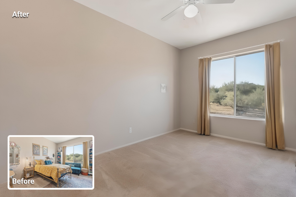 Bedroom after decluttering, showing a clean empty space prepared for real estate listing photography.