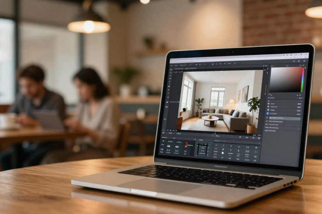 Laptop displaying photo editing software used to adjust brightness, color, and perspective in real estate interior images.