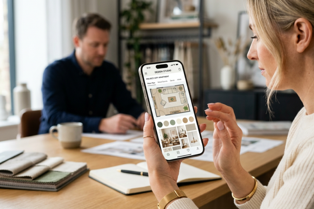 real estate apps for design ideas and room planning showing floor plan and interior layout on mobile app