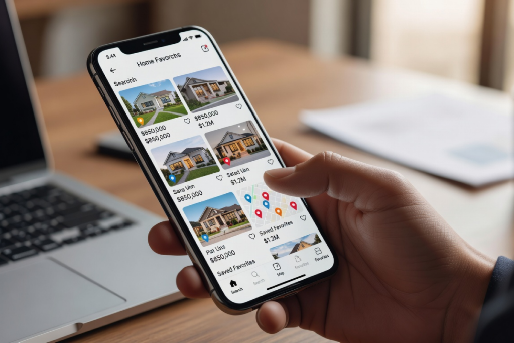 Mobile real estate apps showing home search results, saved listings, and price filters