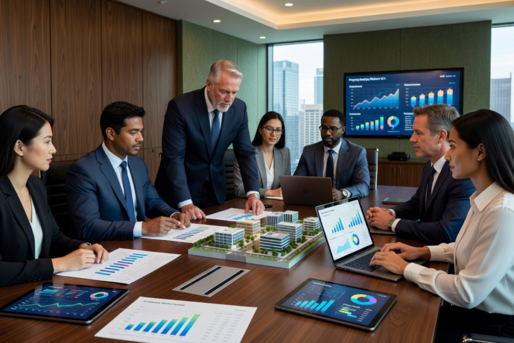 real estate apps for investors analyzing property data, charts, and market trends in a meeting
