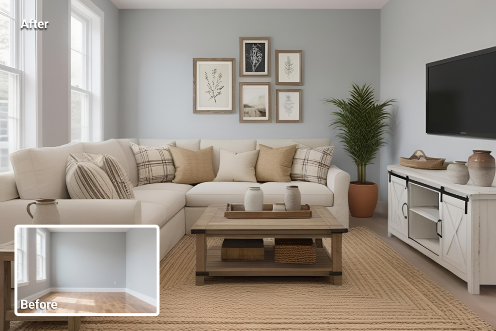 real estate apps for agents showing virtual staging before and after living room transformation