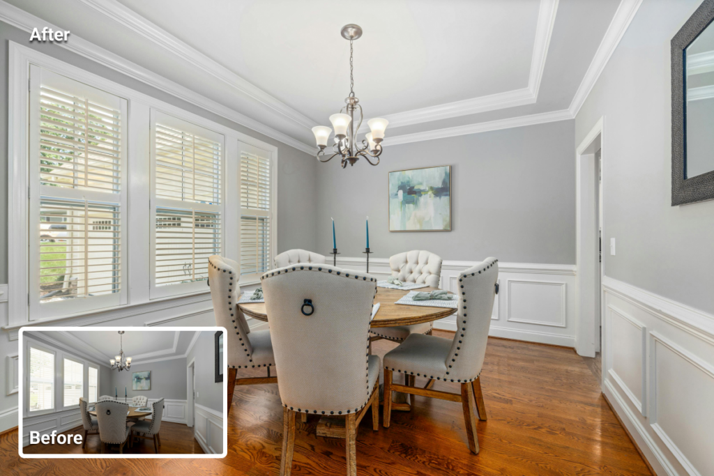 Comparison of standard exposure vs HDR in real estate photography showing balanced interior and exterior lighting.