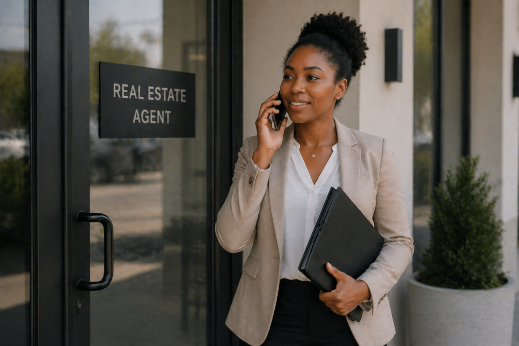 Real estate agent on phone outside office following up with clients before and after a home sale
