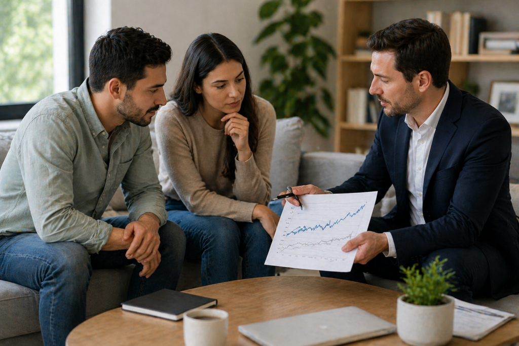 Real estate agent reviewing purchase costs and financial breakdown with first-time homebuyers using chart and documents