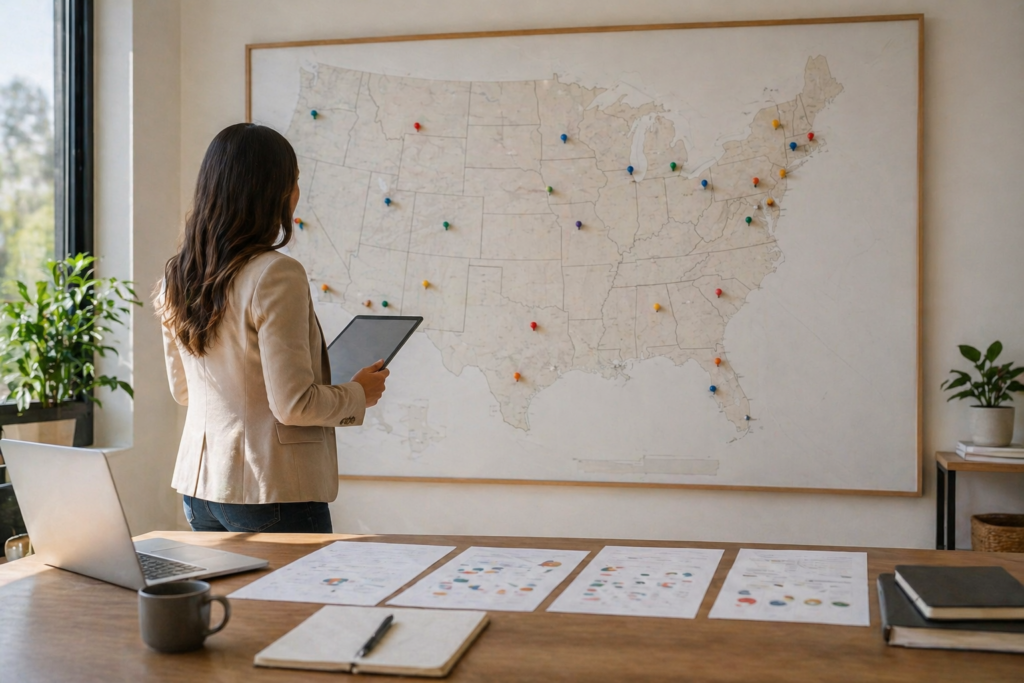 Best real estate companies in the U.S. analyzed on a wall map with agent reviewing locations and market data