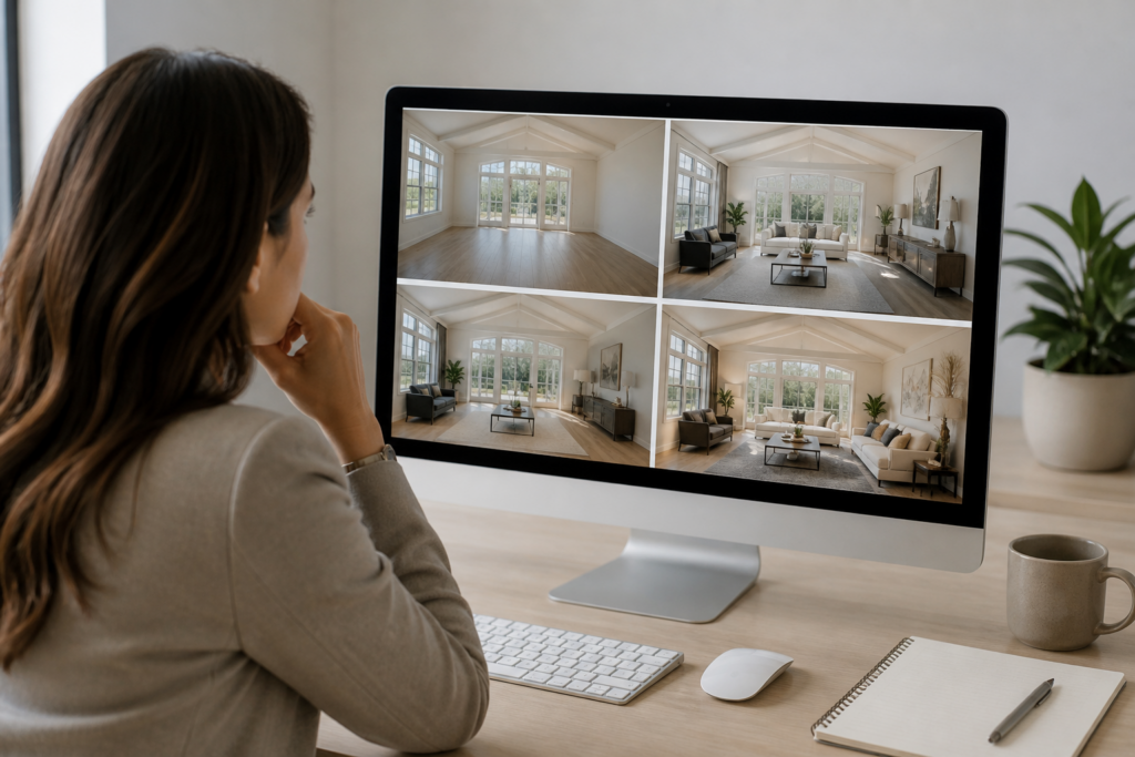 Real estate professional reviewing multiple edits from real estate photo editing companies on a desktop screen