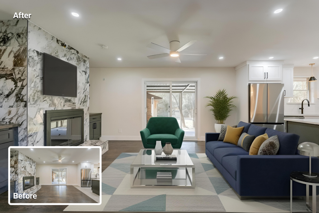 Before and after interior showing staged living room used when working with first-time homebuyers to clarify space and layout