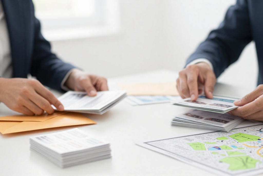 Agents organizing real estate postcards and brochures for a “Send Direct Mail Campaigns” marketing strategy.