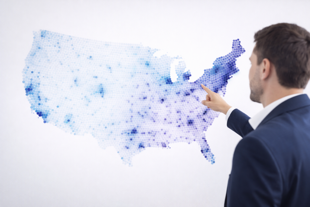 map showing variation in real estate agent density across US states indicating competition levels