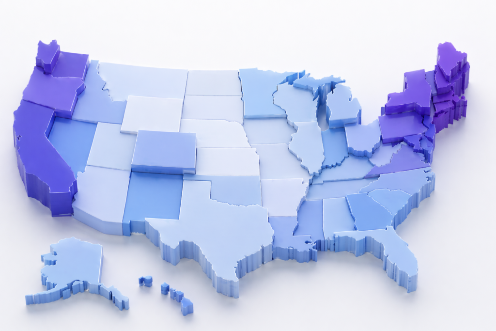 3D map of the United States highlighting differences in cost of living across states