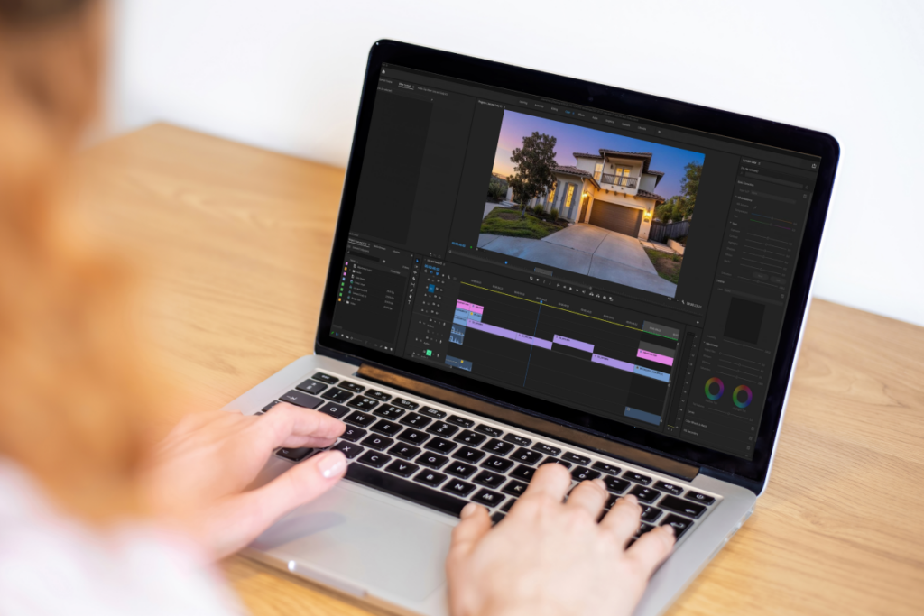 Adobe Premiere Pro editing timeline used for real estate listing video production with color grading and sequencing tools