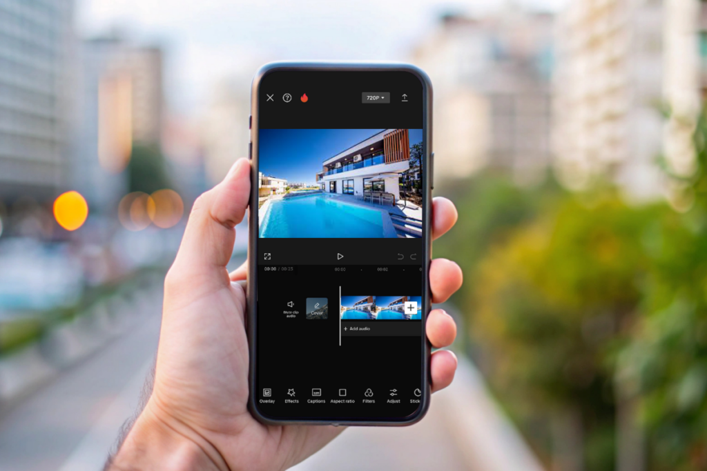 CapCut interface used to create and edit short-form real estate listing videos with templates and quick tools