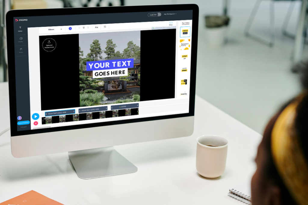 Promo video editor interface with real estate listing template and customizable text on a desktop screen