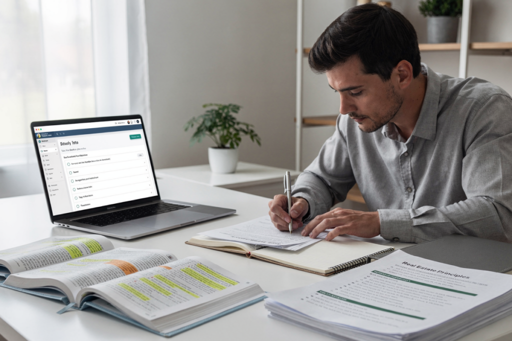 Studying for real estate exam as part of cost to become a real estate agent