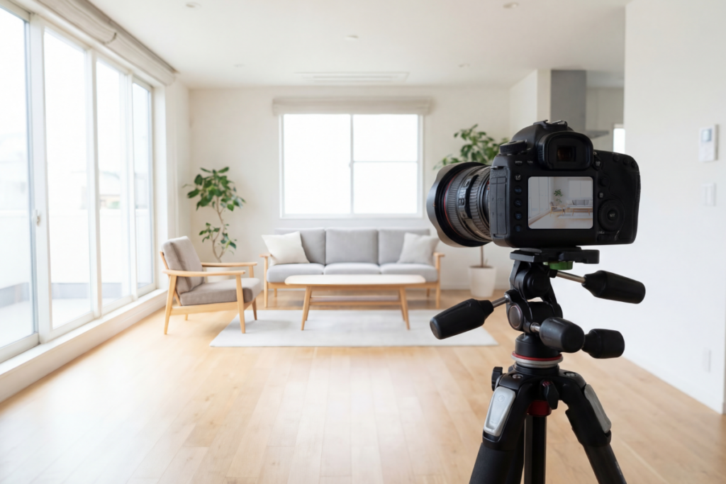 Real estate photography setup illustrating how image production impacts pricing for editing and virtual staging services