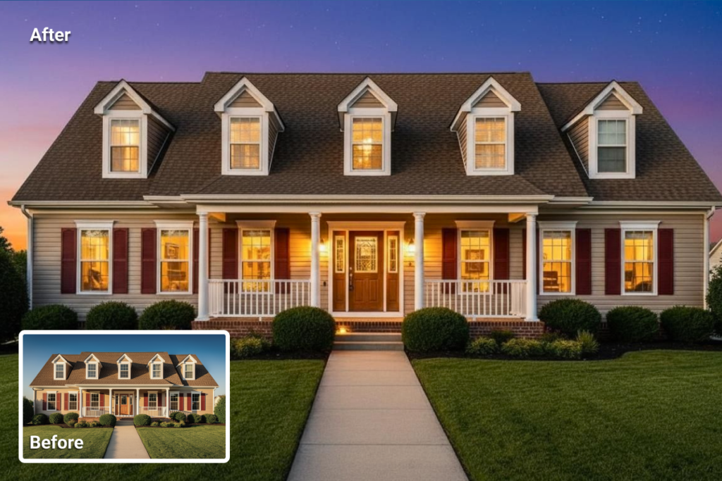 Day-to-dusk real estate photo editing example illustrating an additional paid enhancement for listing images