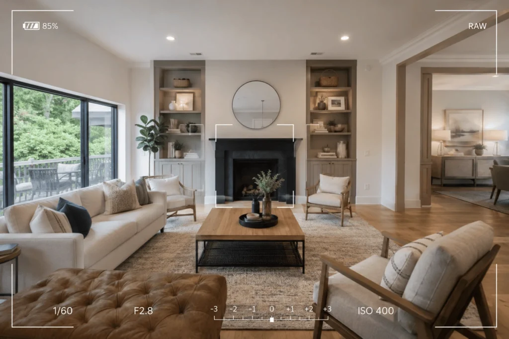 Best lens for real estate photography showing interior room framed through camera settings and focal length view