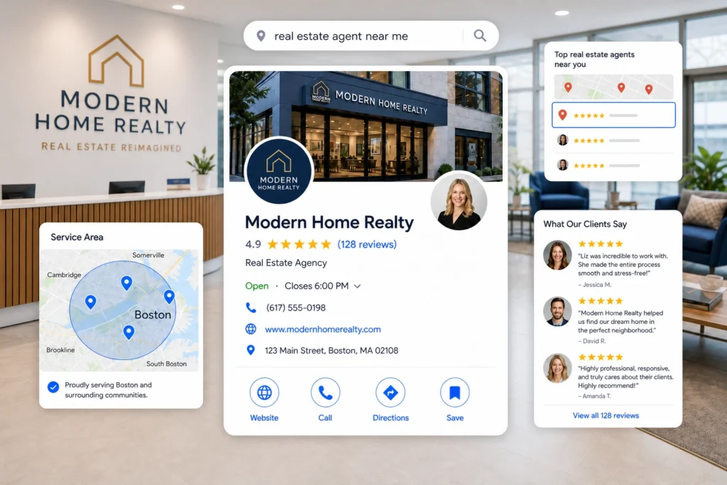 Digital marketing for real estate agents showing local SEO profile, service area, reviews, and Google visibility