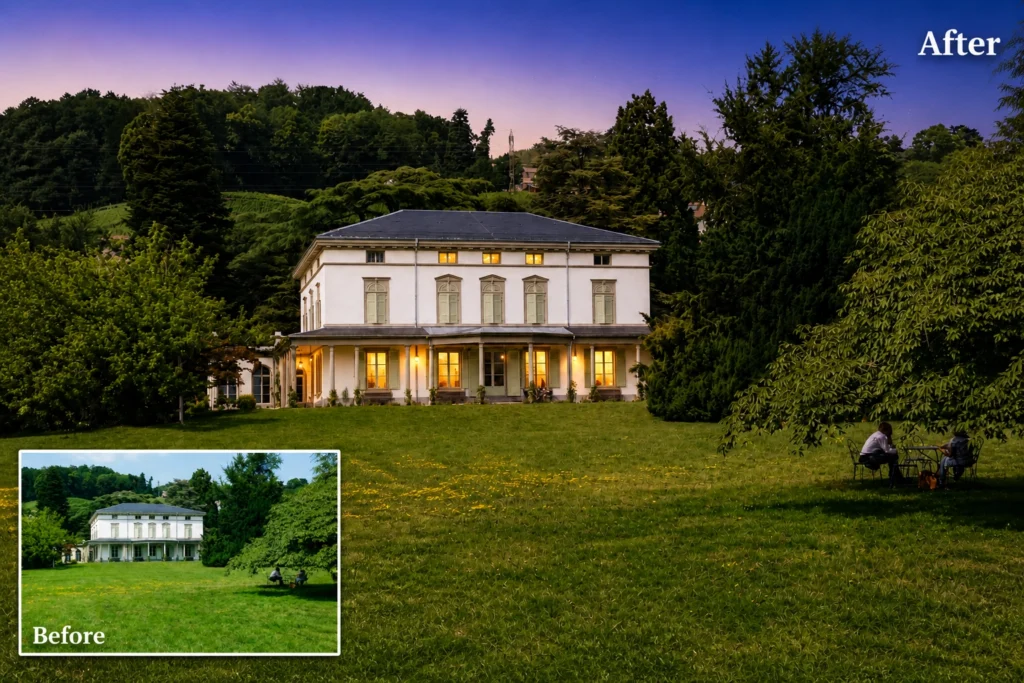 Before and after listing visual showing day-to-dusk editing used in a real estate marketing plan