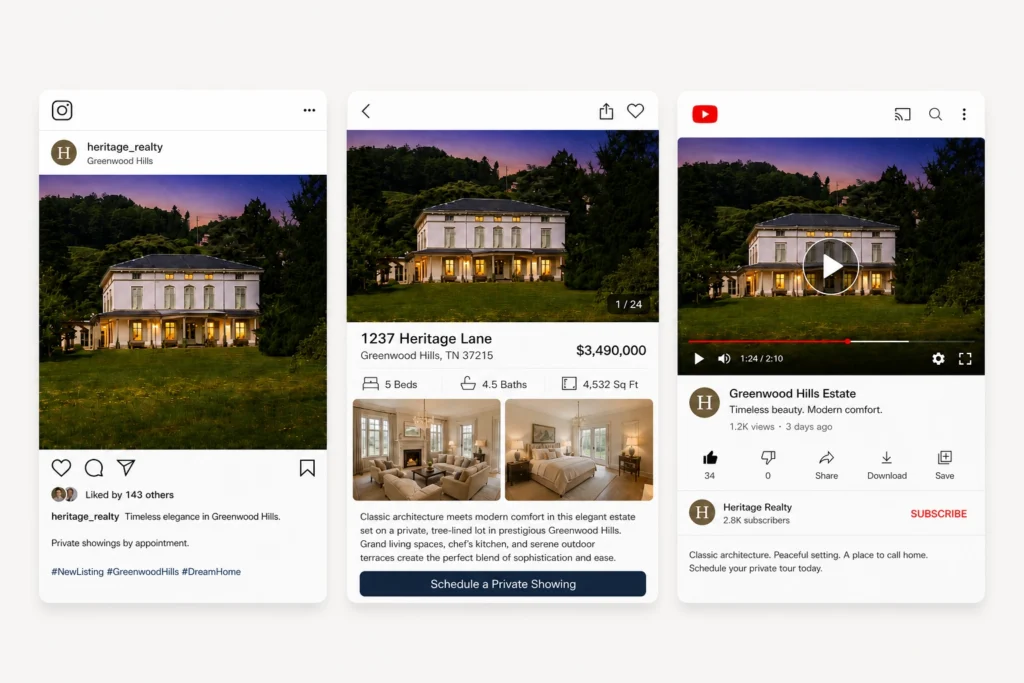 Real estate social media posts showing consistent listing visuals across Instagram, property page, and YouTube for agent marketing