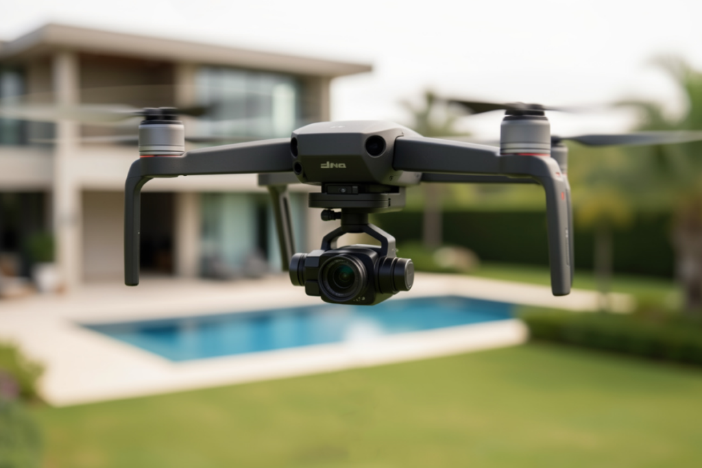 Drone used in real estate photography representing equipment choices for aerial property images