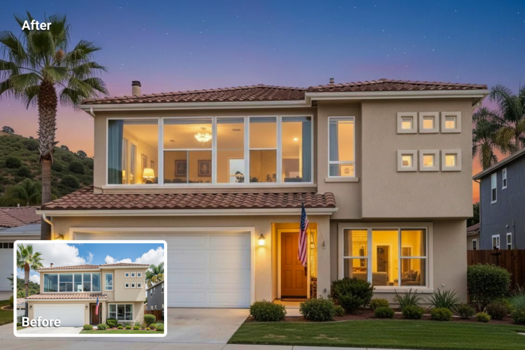 Before/after real estate photo editing showing day-to-dusk enhancement for a property listing