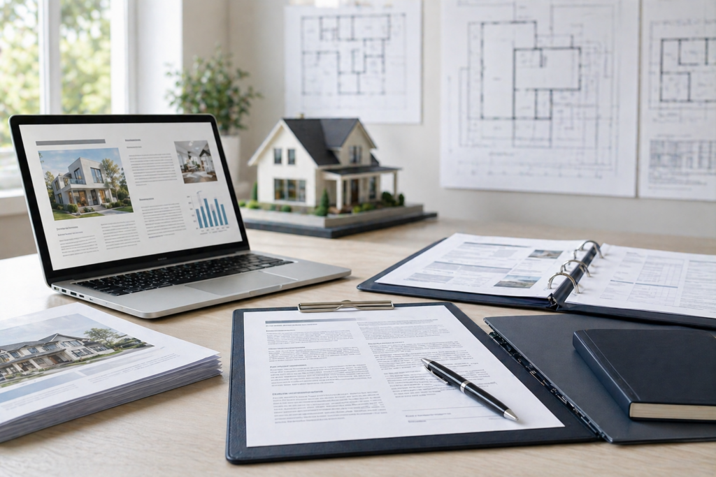 Desk with real estate documents, contract paperwork, laptop, and property plans for review