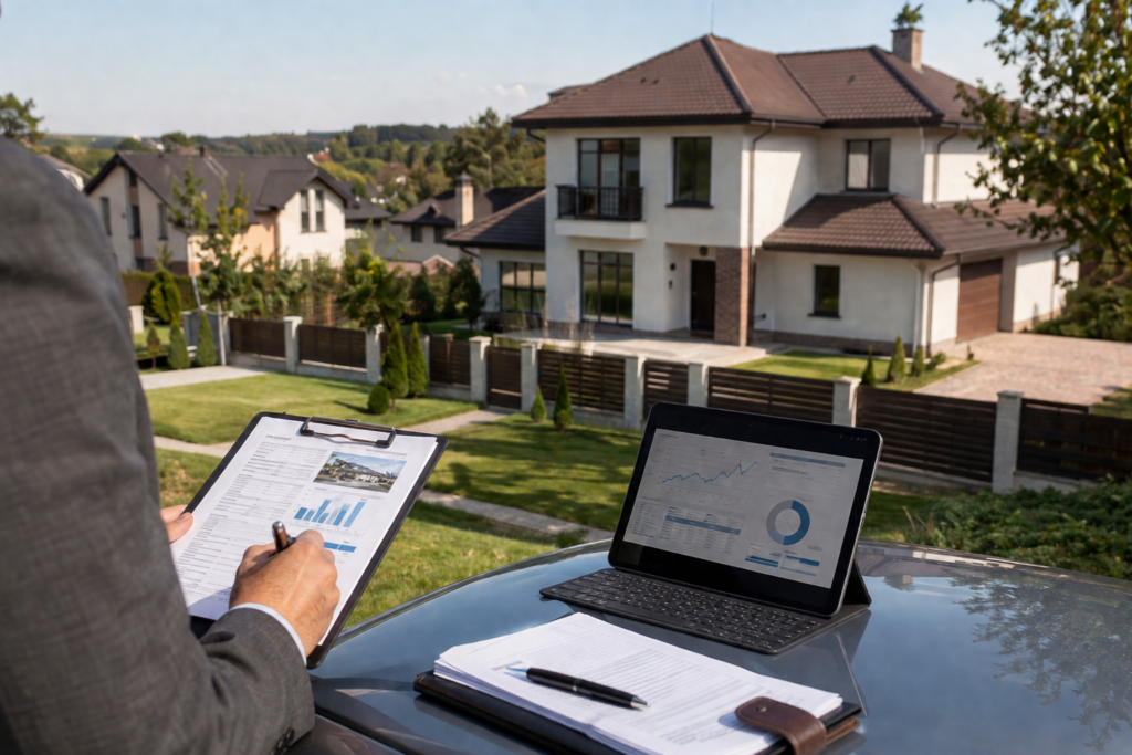Real estate agent reviewing property valuation data outside a residential home