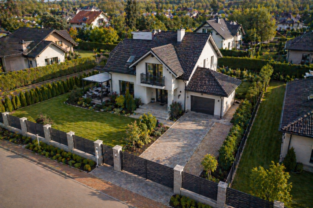 Aerial view of a residential home and neighborhood showing property layout and surroundings