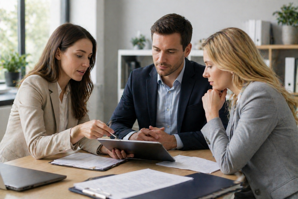 Real estate professionals discussing agency, leasing, and financing documents with clients